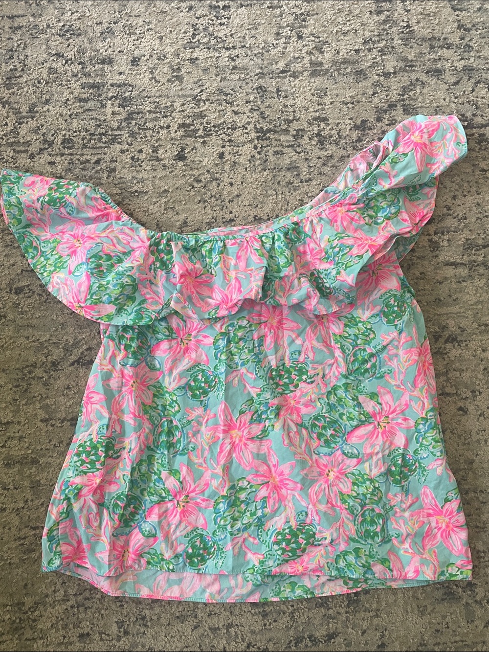 Lilly Pulitzer Surf Blue So Shellegant Zelder One Shoulder Ruffle Top - Picture 4 of 4